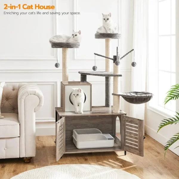 All-in-One Wooden Cat House Furniture Cat Condo with Hammock - Image 10