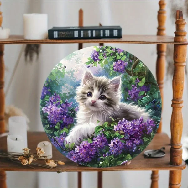 Elegant Cat and Purple Flowers Metal Sign - Image 4