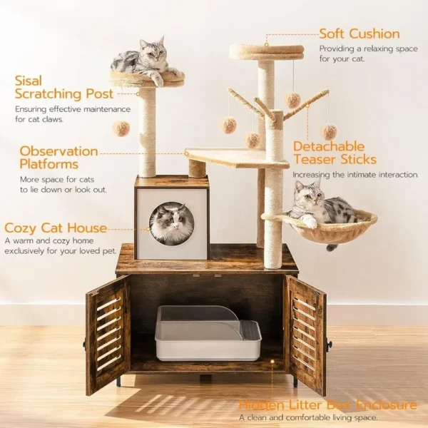 All-in-One Wooden Cat House Furniture Cat Condo with Hammock - Image 14