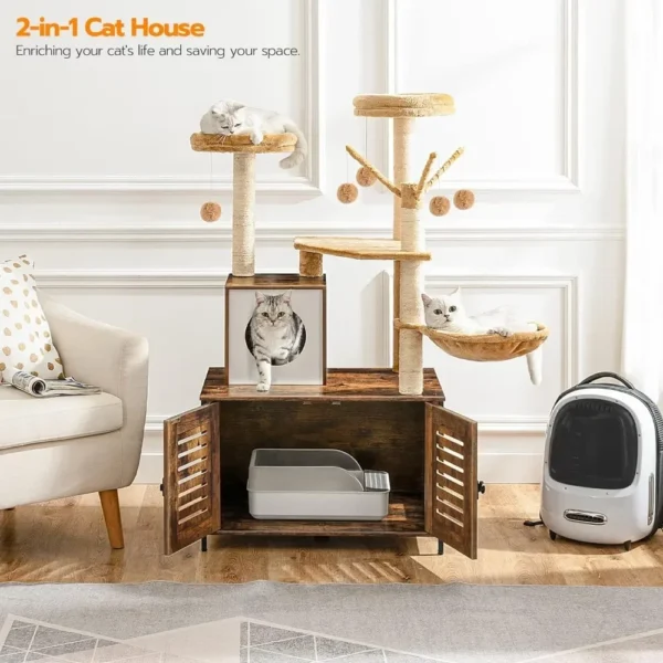 All-in-One Wooden Cat House Furniture Cat Condo with Hammock - Image 16