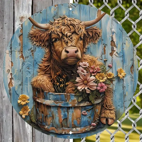 Aluminum Highland Cow Metal Sign with Floral Wreath