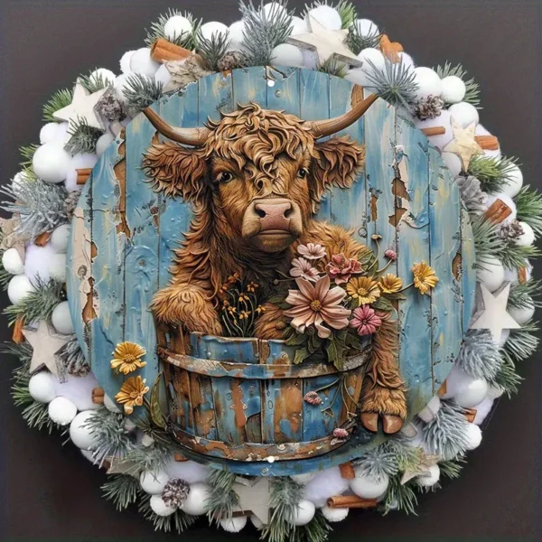 Aluminum Highland Cow Metal Sign with Floral Wreath - Image 7