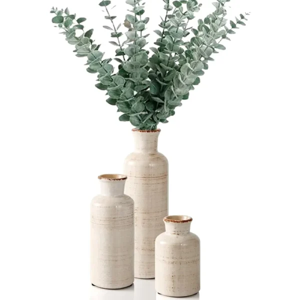 Ceramic Vase Set of 3 with 9PCS Artificial Eucalyptus Stems