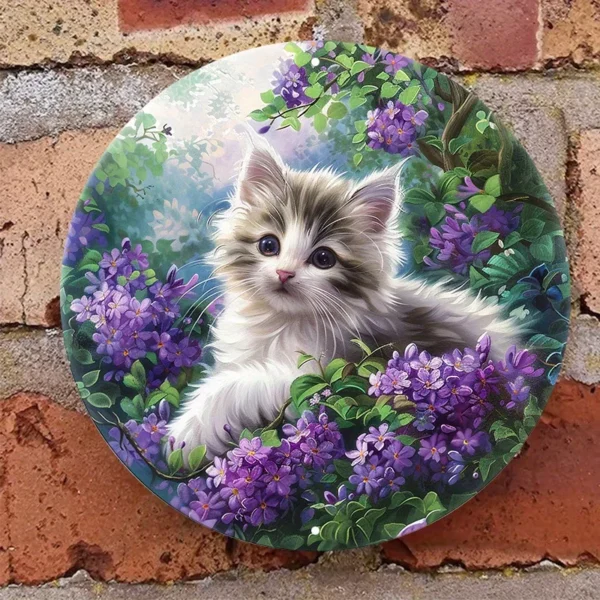 Elegant Cat and Purple Flowers Metal Sign - Image 3