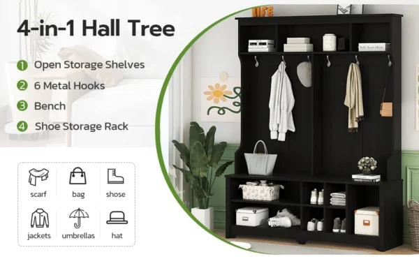 Hall Tree, Coat Rack with Shoe Storage - Image 9