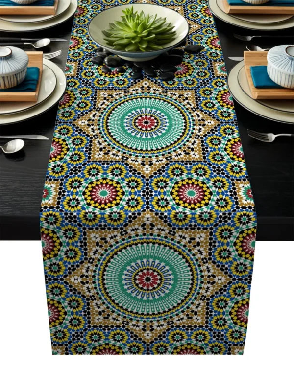 Linen Burlap Table Runner Colorful Morocco Flowers - Image 4