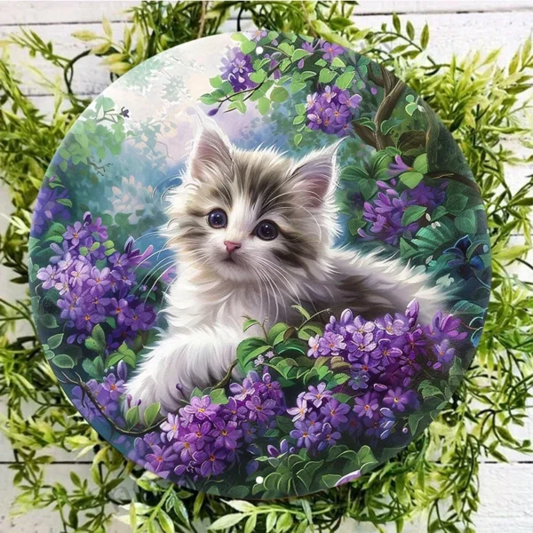 Elegant Cat and Purple Flowers Metal Sign