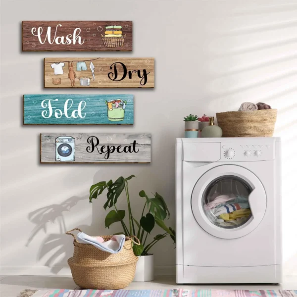 4 Pcs Laundry Room Wall Sign Rustic Wood - Image 2