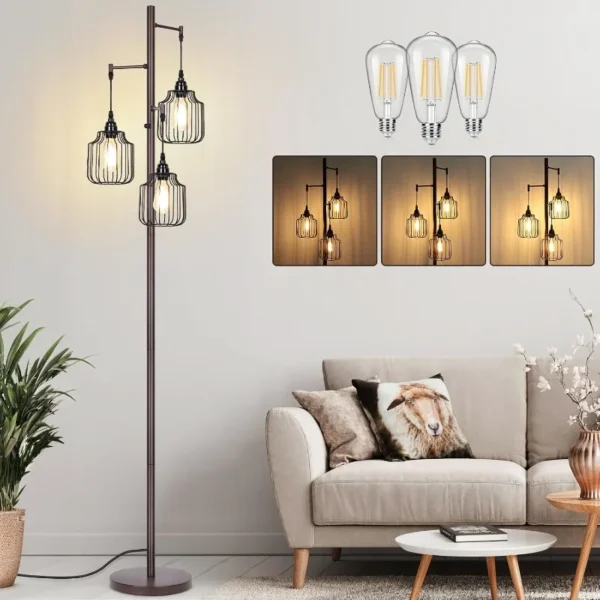 Dimmable Industrial Floor Lamp with 3 LED Edsion Bulbs