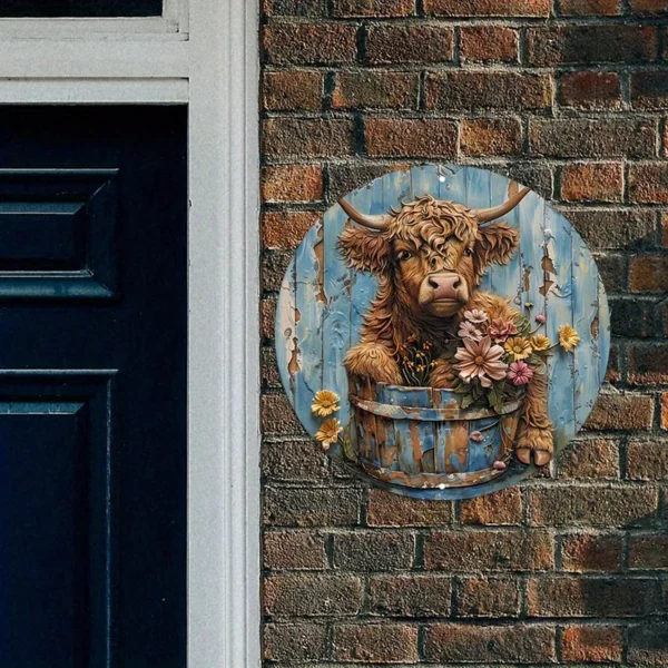 Aluminum Highland Cow Metal Sign with Floral Wreath - Image 4