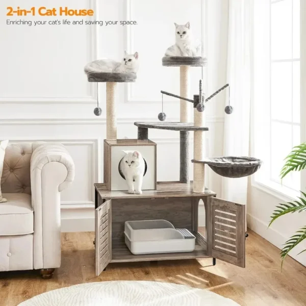 All-in-One Wooden Cat House Furniture Cat Condo with Hammock - Image 2