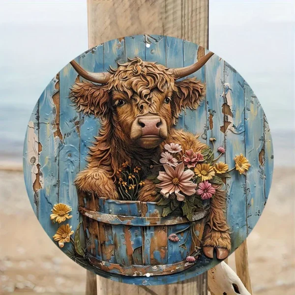 Aluminum Highland Cow Metal Sign with Floral Wreath - Image 8