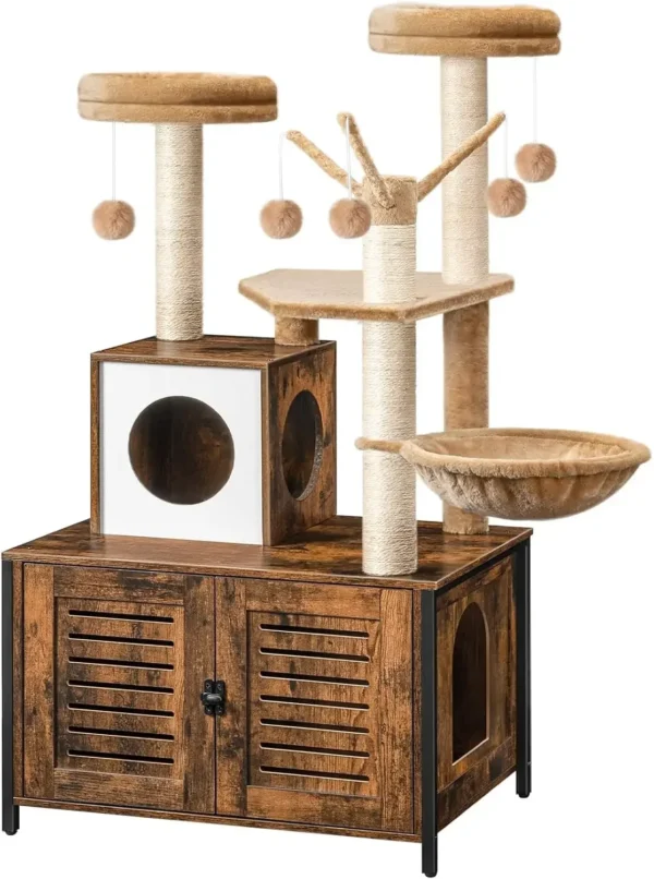 All-in-One Wooden Cat House Furniture Cat Condo with Hammock - Image 8