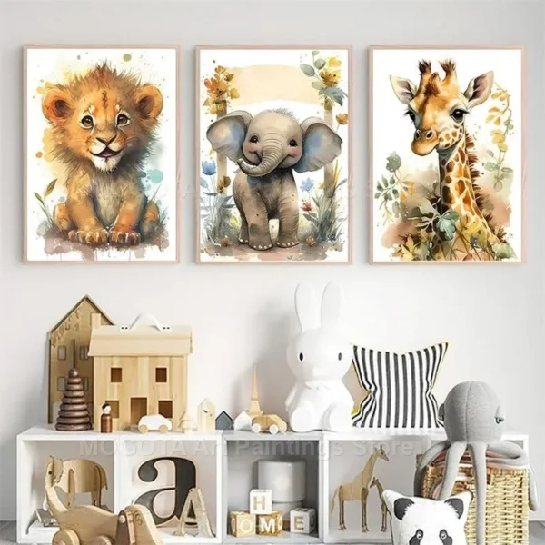 Watercolor Lion, Giraffe, Tiger, Elephant, Rino & Zebra Nursery Wall Art - Image 3