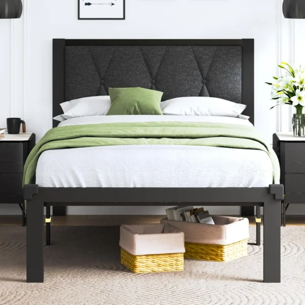 Twin Size Metal Bed Frame with Fabric Button Tufted Headboard - Image 8