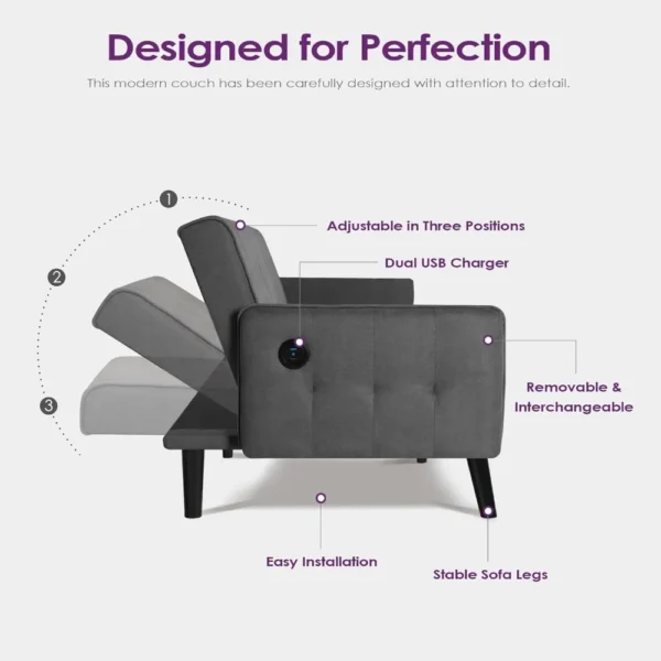 65“ Convertible Futon Sofa Bed w/ 2 USB - Image 4