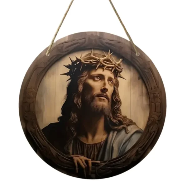 Vintage Religious, Virgin Mary and Jesus Symbols Round Wooden, Wall Art Decor - Image 16