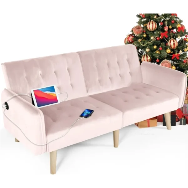 65“ Convertible Futon Sofa Bed w/ 2 USB - Image 10