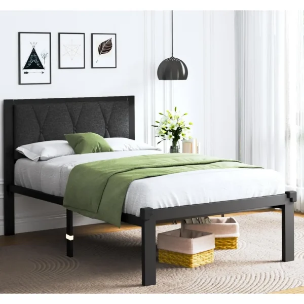 Twin Size Metal Bed Frame with Fabric Button Tufted Headboard - Image 3