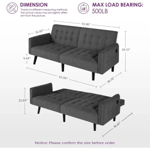 65“ Convertible Futon Sofa Bed w/ 2 USB - Image 2