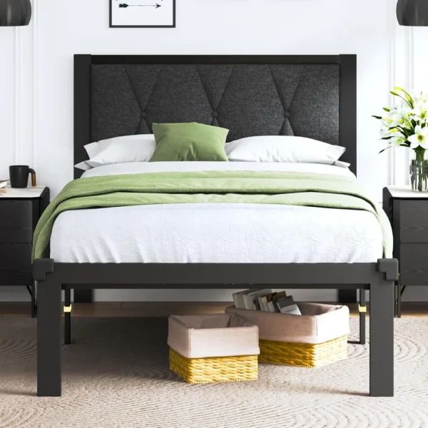 Twin Size Metal Bed Frame with Fabric Button Tufted Headboard