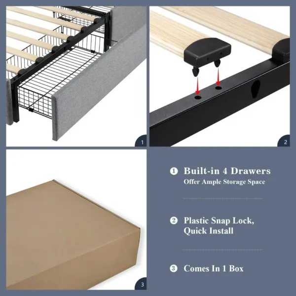 King Size with 4 Storage Drawers and Headboard, Square Stitched Button Tufted, Upholstered Platform Bed Frame - Image 5