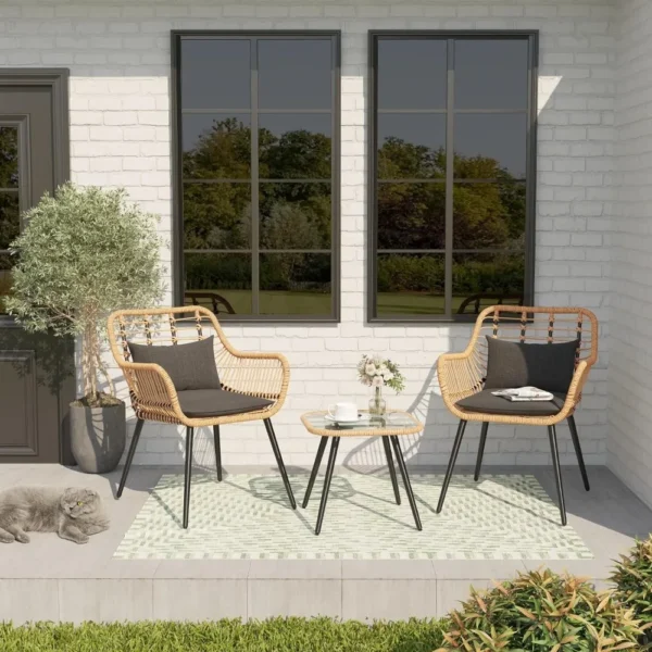 Bistro Set, Outdoor Wicker Chair Sets with Glass Top