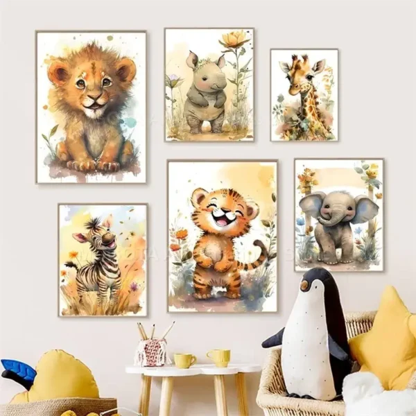 Watercolor Lion, Giraffe, Tiger, Elephant, Rino & Zebra Nursery Wall Art