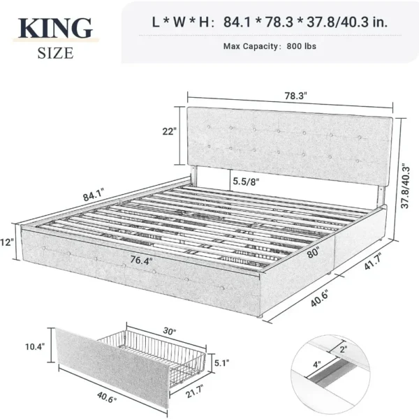 King Size with 4 Storage Drawers and Headboard, Square Stitched Button Tufted, Upholstered Platform Bed Frame - Image 2