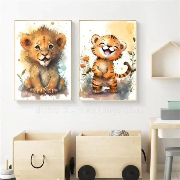 Watercolor Lion, Giraffe, Tiger, Elephant, Rino & Zebra Nursery Wall Art - Image 4