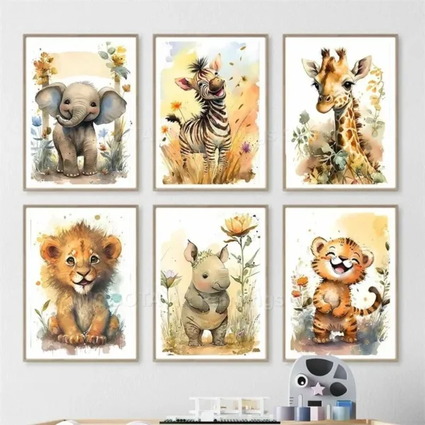 Watercolor Lion, Giraffe, Tiger, Elephant, Rino & Zebra Nursery Wall Art - Image 2