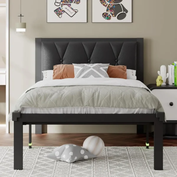 Twin Size Metal Bed Frame with Fabric Button Tufted Headboard - Image 7