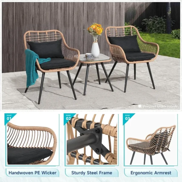 Bistro Set, Outdoor Wicker Chair Sets with Glass Top - Image 3