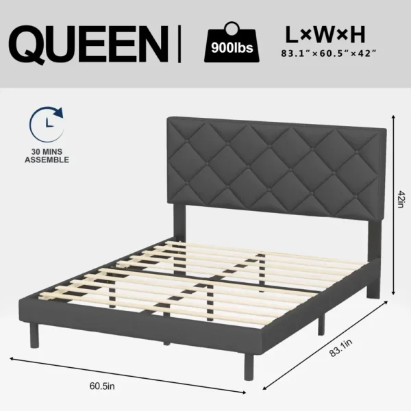 Queen Size bed Frame with Fabric Upholstered Headboard - Image 4