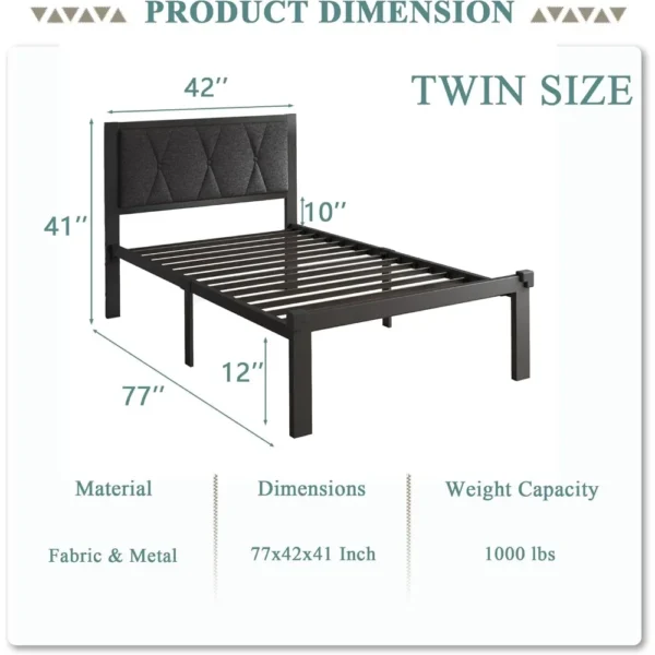 Twin Size Metal Bed Frame with Fabric Button Tufted Headboard - Image 2