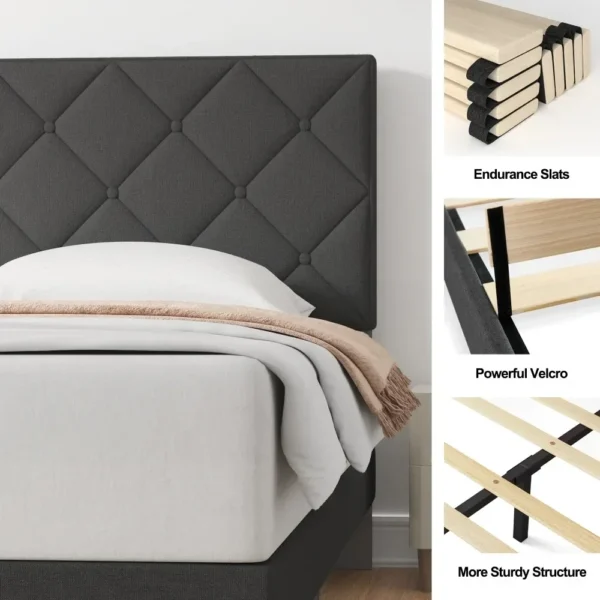 Queen Size bed Frame with Fabric Upholstered Headboard - Image 5